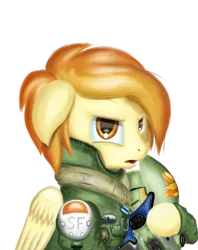 Size: 2300x2900 | Tagged: safe, artist:qbellas, derpibooru import, spitfire, pegasus, pony, bust, clothes, crossover, female, helmet, loose hair, mare, simple background, solo, titanfall, transparent background, uniform