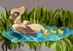 Size: 4599x3204 | Tagged: safe, artist:tofusoup, derpibooru import, oc, oc:serilde, unofficial characters only, duck, gryphon, explicit source, female, grass, pond