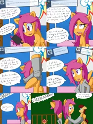 Size: 2400x3200 | Tagged: safe, artist:jake heritagu, derpibooru import, scootaloo, oc, oc:lightning blitz, pegasus, pony, comic:ask motherly scootaloo, ask, baby, baby pony, bed, brush, colt, comic, crib, crying, dressing, female, holding a pony, male, mother and son, motherly scootaloo, offspring, older, older scootaloo, parent:rain catcher, parent:scootaloo, parents:catcherloo, poster, speech bubble, sweatshirt, tumblr