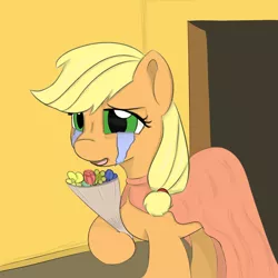 Size: 1100x1100 | Tagged: safe, artist:treekickerdraws, derpibooru import, applejack, pony, blonde, crying, female, hatless, mare, missing accessory, sad, solo