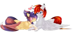 Size: 2869x1277 | Tagged: safe, artist:mauuwde, derpibooru import, oc, oc:cookie, oc:heartfire, unofficial characters only, bat pony, pegasus, pony, commission, cookiefire, eyes closed, female, glasses, heart, male, mare, nuzzling, prone, simple background, smiling, stallion, straight, transparent background