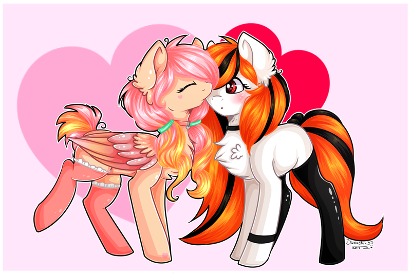 Size: 1500x1000 | Tagged: safe, artist:bizonekx33, derpibooru import, oc, oc:bright tear, oc:peachy love, unofficial characters only, earth pony, pegasus, pony, blushing, clothes, eyes closed, female, heart, lesbian, mare, oc x oc, shipping, stockings, thigh highs