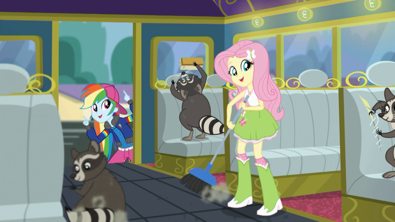 Size: 1280x720 | Tagged: safe, derpibooru import, screencap, fluttershy, rainbow dash, raccoon, eqg summertime shorts, equestria girls, get the show on the road, backwards ballcap, baseball cap, broom, cap, cleaning, clothes, geode of fauna, hat, open mouth, pants, rapper dash, school bus, skirt, tanktop