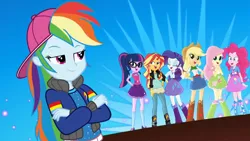 Size: 1280x720 | Tagged: safe, derpibooru import, screencap, applejack, fluttershy, pinkie pie, rainbow dash, rarity, sci-twi, sunset shimmer, twilight sparkle, eqg summertime shorts, equestria girls, get the show on the road, backwards ballcap, baseball cap, cap, clothes, crossed arms, hat, humane seven, music video, open mouth, rapper dash