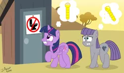 Size: 1024x608 | Tagged: safe, artist:aarondrawsarts, derpibooru import, maud pie, twilight sparkle, twilight sparkle (alicorn), alicorn, earth pony, pony, bladder gauge, desperation, female, mare, need to pee, omorashi, out of character, out of order, outhouse, potty dance, potty emergency, potty time, sweat, trotting in place, wrong cutie mark