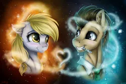 Size: 4600x3058 | Tagged: safe, artist:gaelledragons, derpibooru import, derpy hooves, doctor whooves, time turner, earth pony, pegasus, pony, absurd resolution, blushing, bust, doctor who, doctorderpy, female, heart, high res, male, mare, portrait, shipping, sonic screwdriver, stallion, straight