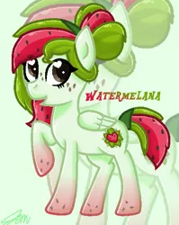 Size: 432x544 | Tagged: safe, artist:imtailsthefoxfan, derpibooru import, oc, oc:watermelana, unofficial characters only, pony, freckles, gradient hooves, raised hoof, solo