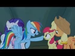 Size: 1024x768 | Tagged: safe, derpibooru import, screencap, apple bloom, applejack, rainbow dash, rarity, sweetie belle, fly-der, pony, campfire tales, bite mark, boop, cave, cowboy hat, discovery family, discovery family logo, fly-der bite, hat, rainbow, rock, stetson, stone