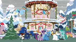 Size: 1600x900 | Tagged: safe, artist:bronyponyproductions, derpibooru import, apple bloom, derpy hooves, discord, pipsqueak, princess celestia, princess luna, rainbow dash, scootaloo, spring melody, sprinkle medley, sweetie belle, trixie, twilight sparkle, twilight sparkle (alicorn), zecora, alicorn, earth pony, pegasus, pony, unicorn, zebra, winter wrap up, cutie mark crusaders, female, hearth's warming eve, lesbian, lunapip, male, ponyville, ponyville town hall, shipping, straight, town hall, twixie, wall of tags, wallpaper