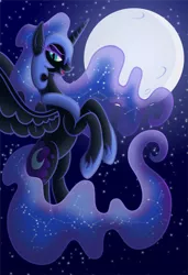 Size: 4979x7279 | Tagged: safe, artist:rossmaniteanzu, artist:tim015, derpibooru import, nightmare moon, alicorn, pony, absurd resolution, female, flying, full moon, looking at you, mare, moon, night, smiling, solo, stars, vector