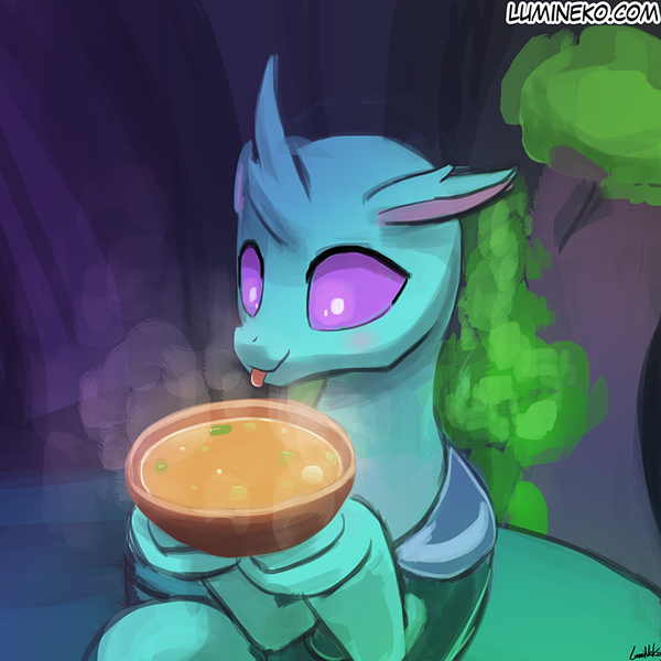 Size: 750x750 | Tagged: safe, artist:lumineko, derpibooru import, soupling, changedling, changeling, to change a changeling, :p, bowl, curved horn, cute, cuteling, eyes on the prize, floppy ears, food, hoof hold, male, smiling, solo, soup, that changeling sure does love soup, tongue out, underhoof