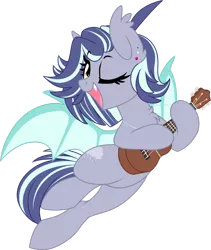 Size: 1024x1212 | Tagged: safe, artist:kellythedrawinguni, derpibooru import, oc, oc:rain, unofficial characters only, bat pony, pony, acoustic guitar, bat pony oc, ear piercing, fangs, female, guitar, mare, one eye closed, open mouth, piercing, simple background, singing, smiling, solo, transparent background