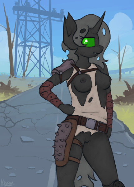 Size: 1418x1974 | Tagged: anthro, artist:marsminer, breasts, changeling, changeling oc, clothes, derpibooru import, edit, fallout, female, green eyes, nipples, nudity, oc, oc:lix, questionable, solo, solo female, torn clothes, unofficial characters only