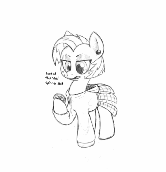 Size: 1362x1415 | Tagged: safe, artist:trickydick, derpibooru import, babs seed, earth pony, pony, clothes, cute, dialogue, ear piercing, female, fidget spinner, filly, freckles, hoodie, monochrome, no tail, piercing, pleated skirt, skirt, solo, vulgar