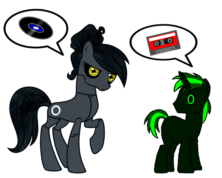 Size: 14496x11632 | Tagged: safe, artist:mattreverse, derpibooru import, oc, oc:digital pulse, oc:polymer, unofficial characters only, earth pony, pony, robot, unicorn, absurd resolution, alternate future, alternate timeline, cassette tape, cd, holodisc, image macro, meme