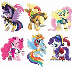 Size: 1920x1837 | Tagged: safe, derpibooru import, applejack, fluttershy, pinkie pie, rainbow dash, rarity, twilight sparkle, twilight sparkle (alicorn), alicorn, earth pony, pegasus, pony, unicorn, my little pony: the movie, alternate hairstyle, bandana, captain twilight, ear piercing, earring, eyepatch, female, goggles, jewelry, mane six, mare, one eye closed, piercing, pirate applejack, pirate dash, pirate fluttershy, pirate pinkie pie, pirate rainbow dash, pirate rarity, pirate twilight, sword, weapon, wing piercing, wink