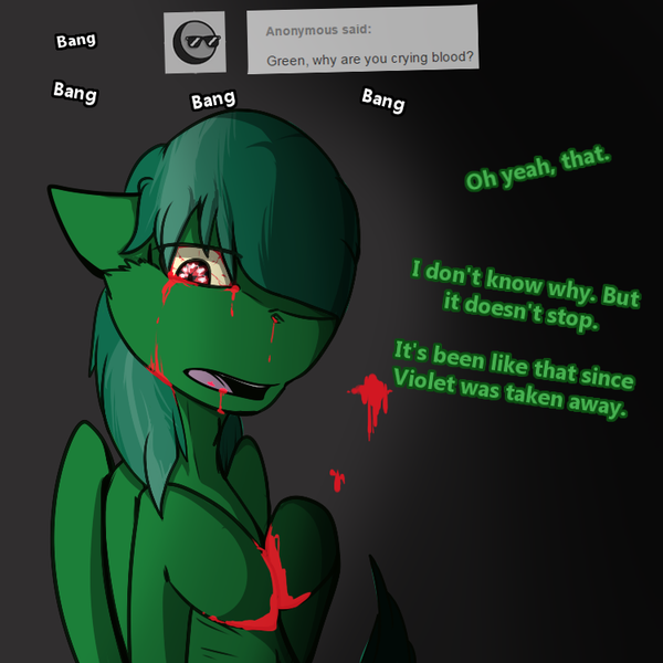 Size: 750x750 | Tagged: semi-grimdark, artist:conmanwolf, derpibooru import, oc, oc:green, unofficial characters only, pony, ask factory scootaloo, fanfic:rainbow factory, blood, comic, crying, tears of blood