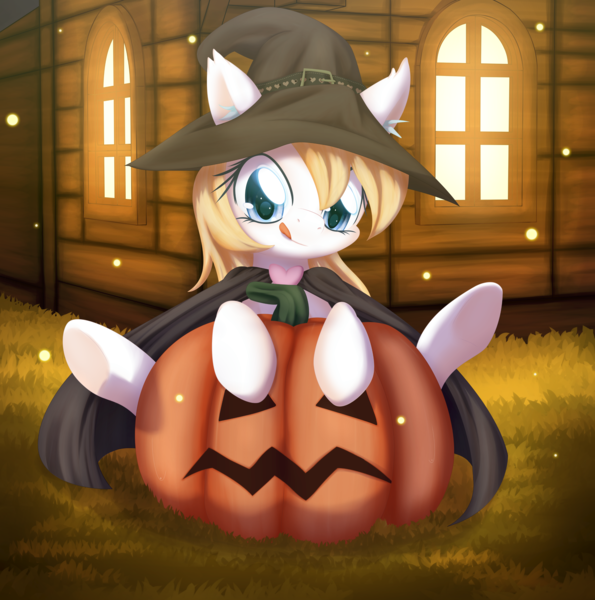 Size: 3809x3840 | Tagged: safe, artist:an-m, artist:aryanne, derpibooru import, oc, oc:aryanne, unofficial characters only, earth pony, pony, aryan, aryan pony, aryanbetes, cape, clothes, colored, colored pupils, costume, cute, ear fluff, female, halloween, hat, heart, holiday, jack-o-lantern, looking at you, mare, nazipone, pumpkin, sitting, solo, tongue out, witch, witch hat