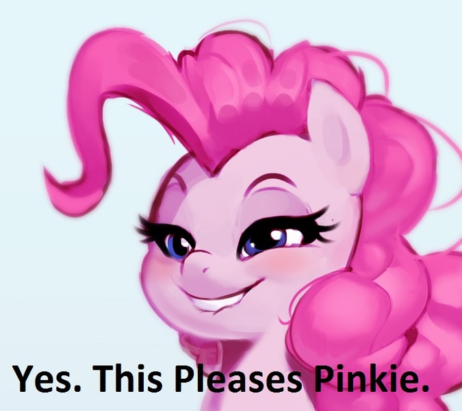 Size: 701x623 | Tagged: safe, artist:imalou, derpibooru import, edit, pinkie pie, earth pony, pony, bedroom eyes, blushing, bust, eyes on the prize, female, grin, lip bite, mare, simple background, smiling, solo, text, white background