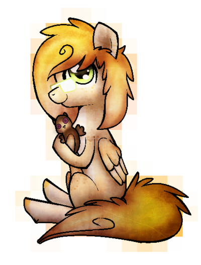 Size: 400x526 | Tagged: safe, artist:miss-smutty, derpibooru import, oc, oc:alani, unofficial characters only, pegasus, pony, doll, freckles, glasses, plushie, shoulder freckles, sitting, smiling, solo, toy