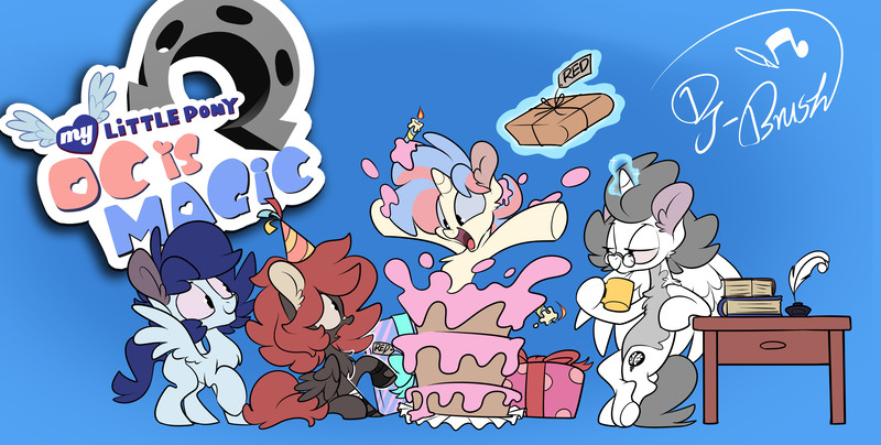 Size: 4960x2507 | Tagged: safe, artist:dj-brush, derpibooru import, oc, oc:cesar sebastian, oc:dj-colour, oc:guard shine, unofficial characters only, pony, comic:oc is magic, birthday, book, cake, comic, food, glowing horn, hoof hold, magic, present, quill, surprised, telekinesis