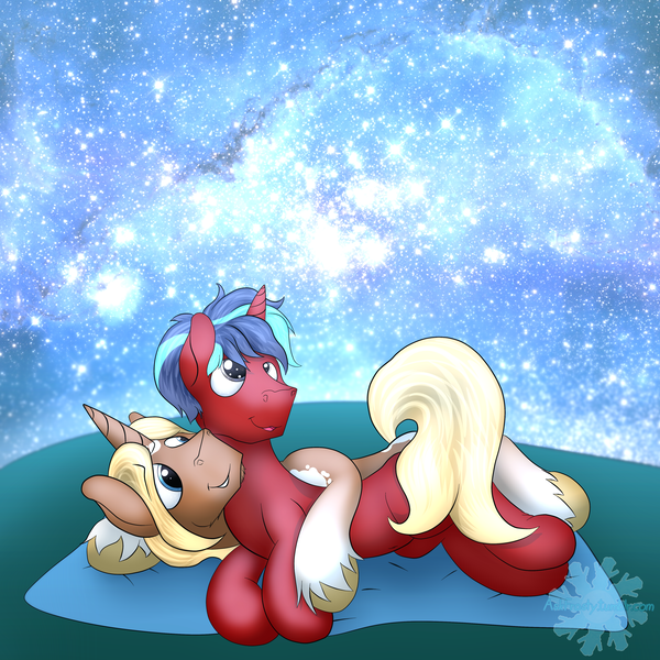 Size: 4000x4000 | Tagged: safe, artist:frostyb, derpibooru import, oc, oc:ruby facet, oc:sidereal equinox, unofficial characters only, pony, unicorn, cuddling, explicit source, gay, male, smiling, snuggling, starry night