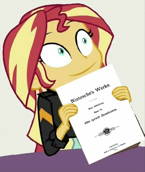 Size: 610x720 | Tagged: safe, derpibooru import, edit, edited screencap, screencap, sunset shimmer, equestria girls, mirror magic, spoiler:eqg specials, also sprach zarathustra, book, faic, friedrich nietzsche, german, image macro, meme, simple background, smiling, solo, white background, wide eyes