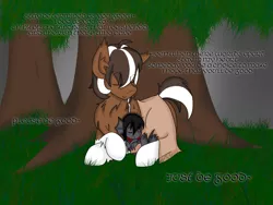Size: 1600x1200 | Tagged: safe, artist:taletrotter, derpibooru import, oc, oc:graye, oc:smoores, unofficial characters only, dragon, earth pony, pony, baby dragon, blanket, father, father and son, forest, illustration, lullaby, male, son, song, text, tree