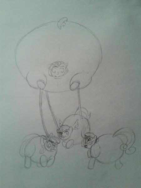 Size: 1920x2560 | Tagged: apple bloom, artist:badblah, babs seed, belly, bingo wings, blimp seed, concerned, cutie mark crusaders, derpibooru import, floating, impossibly large belly, inflation, monochrome, mouth hold, questionable, rope, scootaloo, simple background, sweetie belle, traditional art