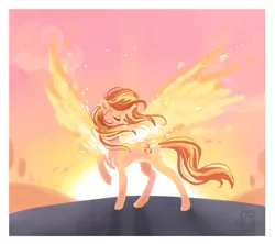 Size: 858x762 | Tagged: safe, artist:griffsnuff, derpibooru import, sunset shimmer, ponified, pony, unicorn, my past is not today, artificial wings, augmented, beautiful, equestria girls ponified, eyes closed, female, fiery shimmer, fiery wings, magic, magic wings, mare, raised hoof, solo, sunset, sunset phoenix, sunshine shimmer, wings