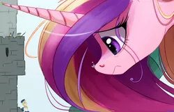 Size: 2324x1498 | Tagged: safe, artist:ncmares, derpibooru import, princess cadance, princess flurry heart, shining armor, pony, big-pon, giant pony, heart, jewelry, macro, mega cadance, regalia, royal guard, scared, zoomed in