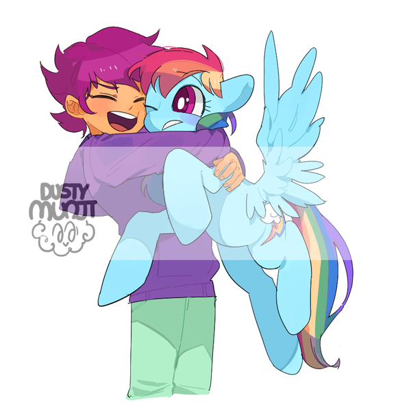 Size: 846x874 | Tagged: safe, artist:dusty-munji, derpibooru import, rainbow dash, scootaloo, pegasus, pony, equestria girls, cute, cutealoo, dashabetes, duo, female, happy, hug, mare, obtrusive watermark, scootalove, simple background, watermark, white background