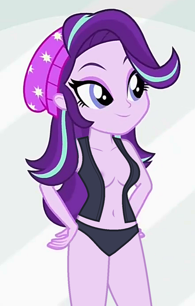 Size: 440x690 | Tagged: questionable, derpibooru import, edit, edited screencap, editor:ah96, screencap, starlight glimmer, equestria girls, mirror magic, spoiler:eqg specials, beanie, belly button, black underwear, breasts, clothes, cropped, female, hat, panties, smiling, solo, solo female, underwear, underwear edit, vest