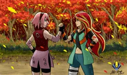 Size: 1763x1050 | Tagged: alternate hairstyle, anime, artist:penspark, belly button, clothes, crossover, derpibooru import, female, forest, haruno sakura, human, humanized, kunoichi, looking at each other, naruto, ninja, safe, smiling, sunset shimmer, tree