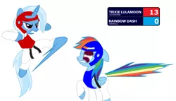 Size: 1748x1000 | Tagged: semi-grimdark, derpibooru import, edit, rainbow dash, trixie, pony, abuse, abuse edit, black belt, black eye, chest guard, clothes, dashabuse, gi, headgear, robe, taekwondo, trousers