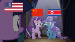 Size: 1280x720 | Tagged: safe, derpibooru import, edit, edited screencap, screencap, starlight glimmer, trixie, twilight sparkle, twilight sparkle (alicorn), alicorn, pony, no second prances, american flag, china, eqg flag-tag meme, flag, north korea, north korean flag, the implications are horrible, unfortunate implications, united states