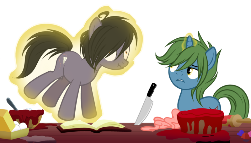 Size: 1600x909 | Tagged: semi-grimdark, artist:snowbunny0820, derpibooru import, oc, oc:john, oc:mark, unofficial characters only, earth pony, pony, unicorn, base used, book, cake, food, glowing horn, knife, magic, male, scrunchy face, simple background, stallion, telekinesis, transparent background