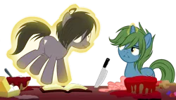 Size: 1600x909 | Tagged: semi-grimdark, artist:snowbunny0820, derpibooru import, oc, oc:john, oc:mark, unofficial characters only, earth pony, pony, unicorn, base used, book, cake, food, glowing horn, knife, magic, male, scrunchy face, simple background, stallion, telekinesis, transparent background