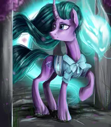 Size: 942x1080 | Tagged: safe, artist:aelwyng, derpibooru import, mistmane, pony, unicorn, campfire tales, clothes, curved horn, dragon spirit, ethereal mane, female, magic, mare, solo