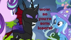 Size: 1920x1080 | Tagged: blue eyes, caption, changeling hive, contempt, derpibooru import, disgusted, edit, edited screencap, fangs, frown, glare, gritted teeth, moss, pharynx, purple eyes, roasting, safe, sarcasm, screencap, sick burn, starlight glimmer, text, to change a changeling, trixie, vine