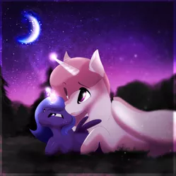 Size: 1024x1029 | Tagged: safe, artist:muisstil, derpibooru import, princess celestia, princess luna, pony, female, grassland, halfbody, moon, night, raising the moon, scene, scenery, sisters, smiling, young