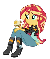 Size: 2651x3121 | Tagged: safe, artist:keronianniroro, derpibooru import, sunset shimmer, equestria girls, clothes, eating, female, food, jacket, leather jacket, pants, sandwich, simple background, sitting, solo, transparent background, vector