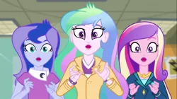 Size: 1100x618 | Tagged: safe, derpibooru import, screencap, princess cadance, princess celestia, princess luna, equestria girls, friendship games, :o, dean cadance, open mouth, principal celestia, surprised, trio, vice principal luna