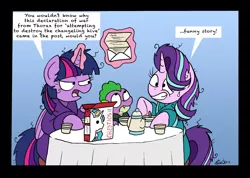 Size: 2451x1742 | Tagged: safe, artist:bobthedalek, derpibooru import, spike, starlight glimmer, twilight sparkle, twilight sparkle (alicorn), alicorn, dragon, pony, unicorn, to change a changeling, bathrobe, bed mane, breakfast, cereal, clothes, dialogue, food, gradient background, grin, letter, levitation, looking at each other, looking up, magic, nervous, nervous grin, robe, smiling, sweat, sweatdrop, table, telekinesis, unamused