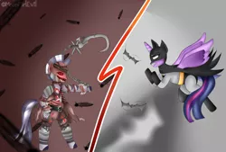 Size: 1870x1264 | Tagged: safe, artist:moongirlevil, derpibooru import, twilight sparkle, twilight sparkle (alicorn), zecora, alicorn, pony, zebra, barbed wire, batman, belt, bone, chains, clothes, coat, crossover, dc comics, duo, feather, female, fight, hook, injustice, injustice 2, injustice gods among us, mare, mask, necktie, rope, scarecrow, shorts, tape, tattered, the scarecrow