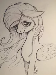 Size: 960x1280 | Tagged: safe, artist:rain-gear, derpibooru import, fluttershy, pony, bust, floppy ears, ink, looking at you, monochrome, portrait, smiling, solo, traditional art, windswept mane, wings