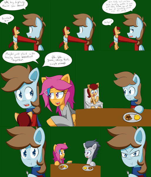 Size: 2400x2800 | Tagged: safe, artist:jake heritagu, derpibooru import, chip mint, rain catcher, rumble, scootaloo, oc, oc:lightning blitz, pegasus, pony, comic:ask motherly scootaloo, baby, baby pony, christmas sweater, clothes, colt, comic, dialogue, eating, father and son, food, fork, green background, hairpin, holding a pony, jealous, male, motherly scootaloo, offspring, older, older rumble, older scootaloo, pancakes, parent:rain catcher, parent:scootaloo, parents:catcherloo, rumbloo, scarf, shipping, simple background, speech bubble, straight, sweater, sweatshirt