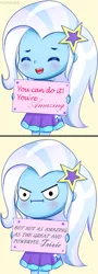 Size: 337x936 | Tagged: dead source, safe, artist:electricshine, derpibooru import, trixie, equestria girls, 2 panel comic, :d, :i, blushing, chibi, clothes, comic, cute, diatrixes, eyes closed, female, glare, looking at you, open mouth, sign, simple background, smiling, solo, tsundere, yellow background