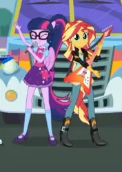 Size: 305x431 | Tagged: safe, derpibooru import, screencap, sci-twi, sunset shimmer, twilight sparkle, eqg summertime shorts, equestria girls, get the show on the road, boots, clothes, eyes closed, geode of empathy, geode of telekinesis, glasses, guitar, high heel boots, jacket, magical geodes, mary janes, microphone, pants, ponied up, ponytail, scitwilicorn, shoes, skirt, smiling, socks, wings