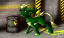 Size: 2800x1700 | Tagged: safe, artist:elmutanto, derpibooru import, oc, unofficial characters only, pony, angry, barrel, biohazard, commission, metal, radioactive, solo, teeth